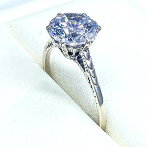 2ct White Topaz CZ, Sterling Silver Edwardian, Etched Filigree Ring - Size 8